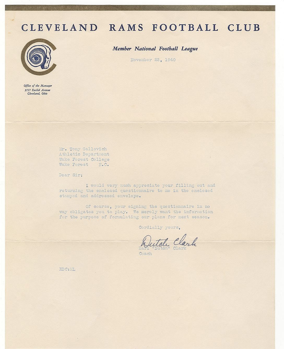 Dutch Clark Signed AUTO typed letter signed on Cleveland Rams letterhead Pro Football HOF