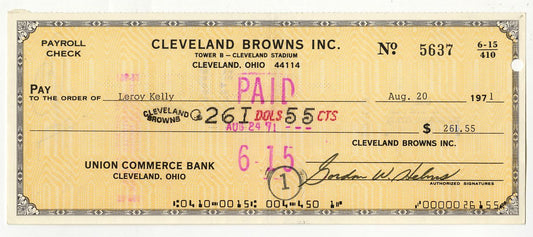 Leroy Kelly Signed AUTO 1971 Cleveland Browns Payroll Check Pro Football HOF