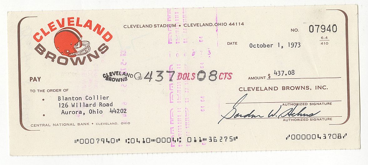 Blanton Collier Signed AUTO 1973 Cleveland Browns Payroll Check Head Coach of 1964 NFL Championship Team