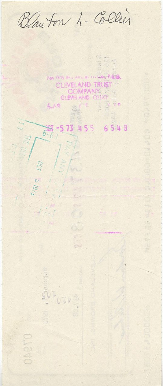 Blanton Collier Signed AUTO 1973 Cleveland Browns Payroll Check Head Coach of 1964 NFL Championship Team