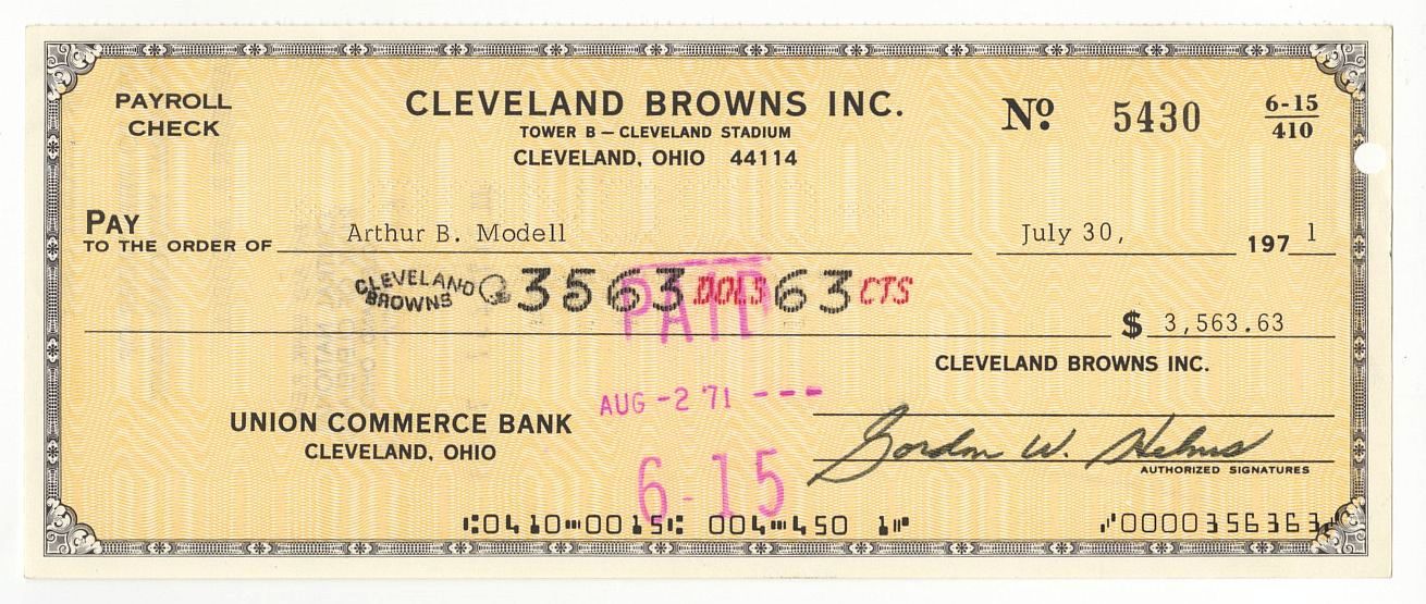 1971 Cleveland Browns Payroll Check Made out To Owner & Pro FB HOFer - Art Modell