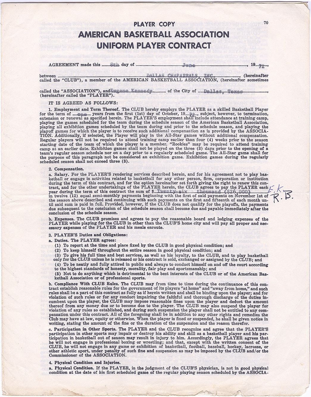 Eugene "Goo" Kennedy SIGNED AUTO 1972-73 Dallas Chaparrals ABA Basketball Contract