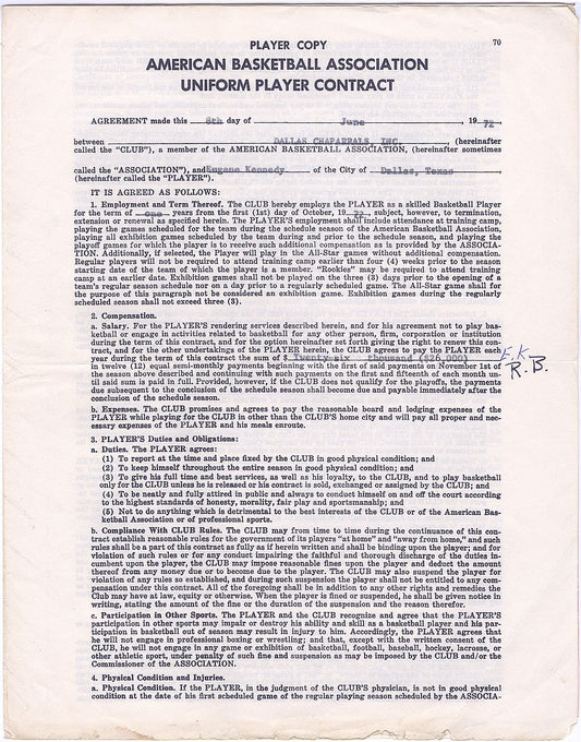 Eugene "Goo" Kennedy SIGNED AUTO 1972-73 Dallas Chaparrals ABA Basketball Contract