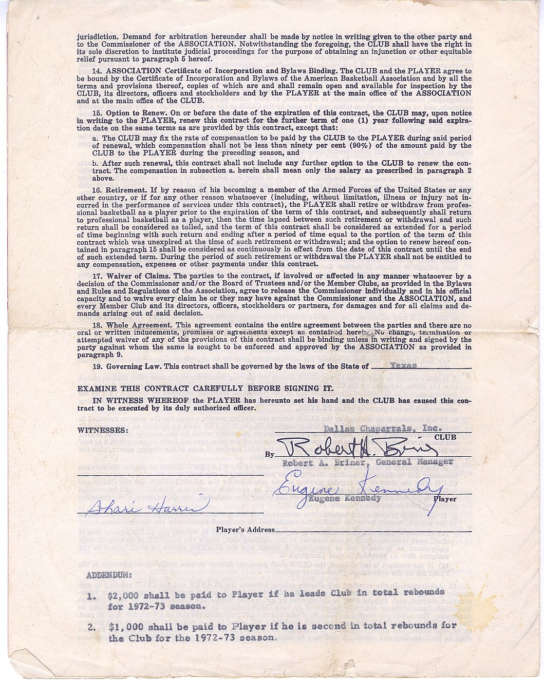 Eugene "Goo" Kennedy SIGNED AUTO 1972-73 Dallas Chaparrals ABA Basketball Contract