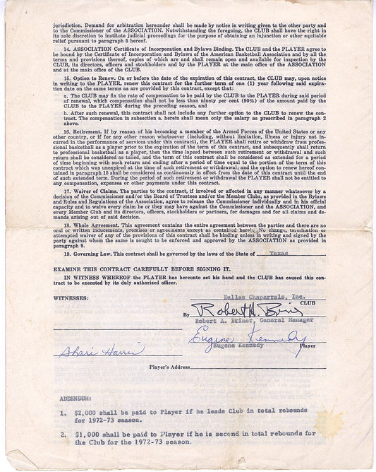 Eugene "Goo" Kennedy SIGNED AUTO 1972-73 Dallas Chaparrals ABA Basketball Contract