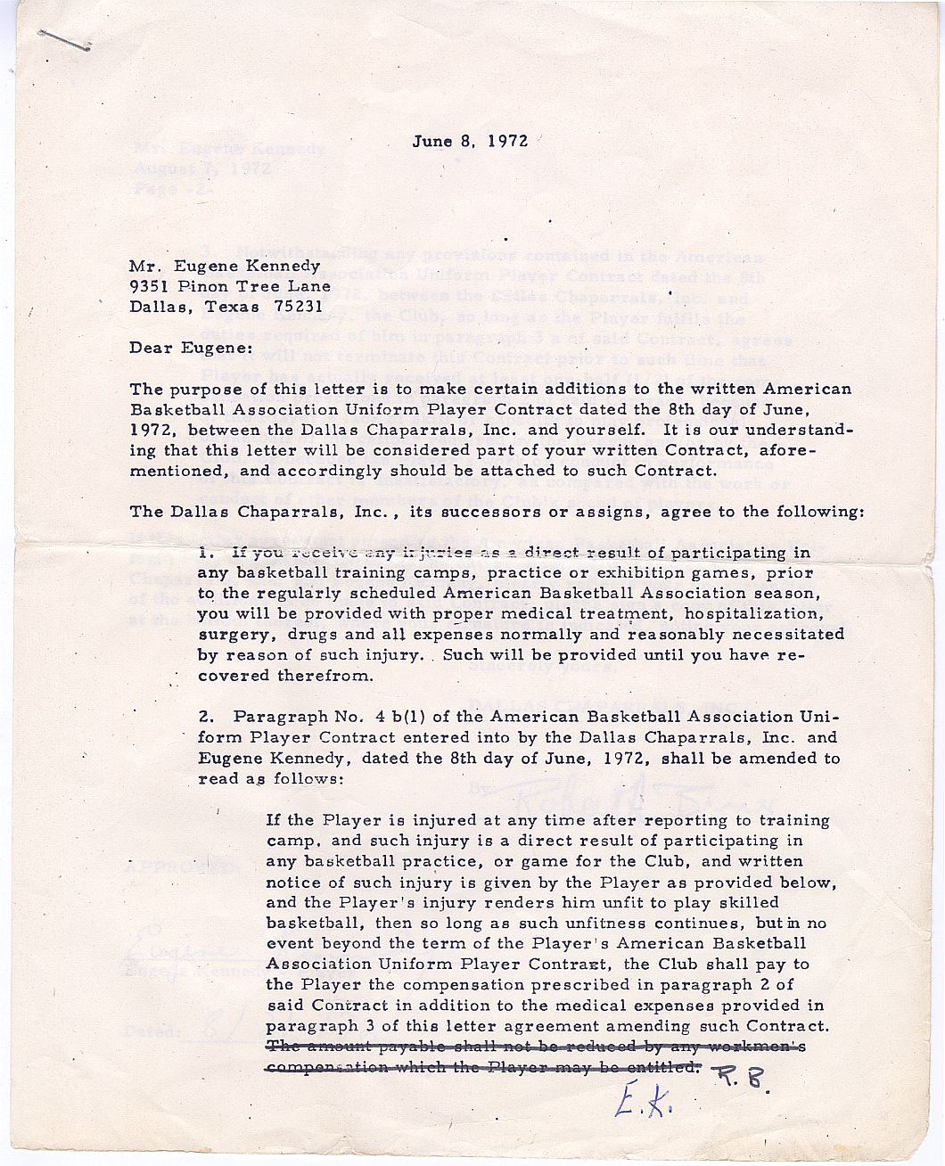 Eugene "Goo" Kennedy SIGNED AUTO 1972-73 Dallas Chaparrals ABA Basketball Contract