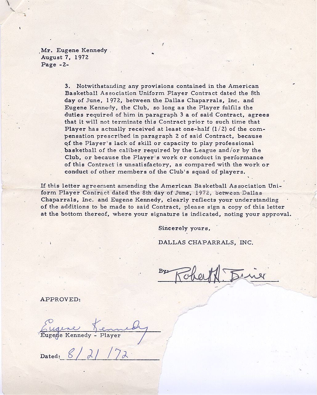 Eugene "Goo" Kennedy SIGNED AUTO 1972-73 Dallas Chaparrals ABA Basketball Contract