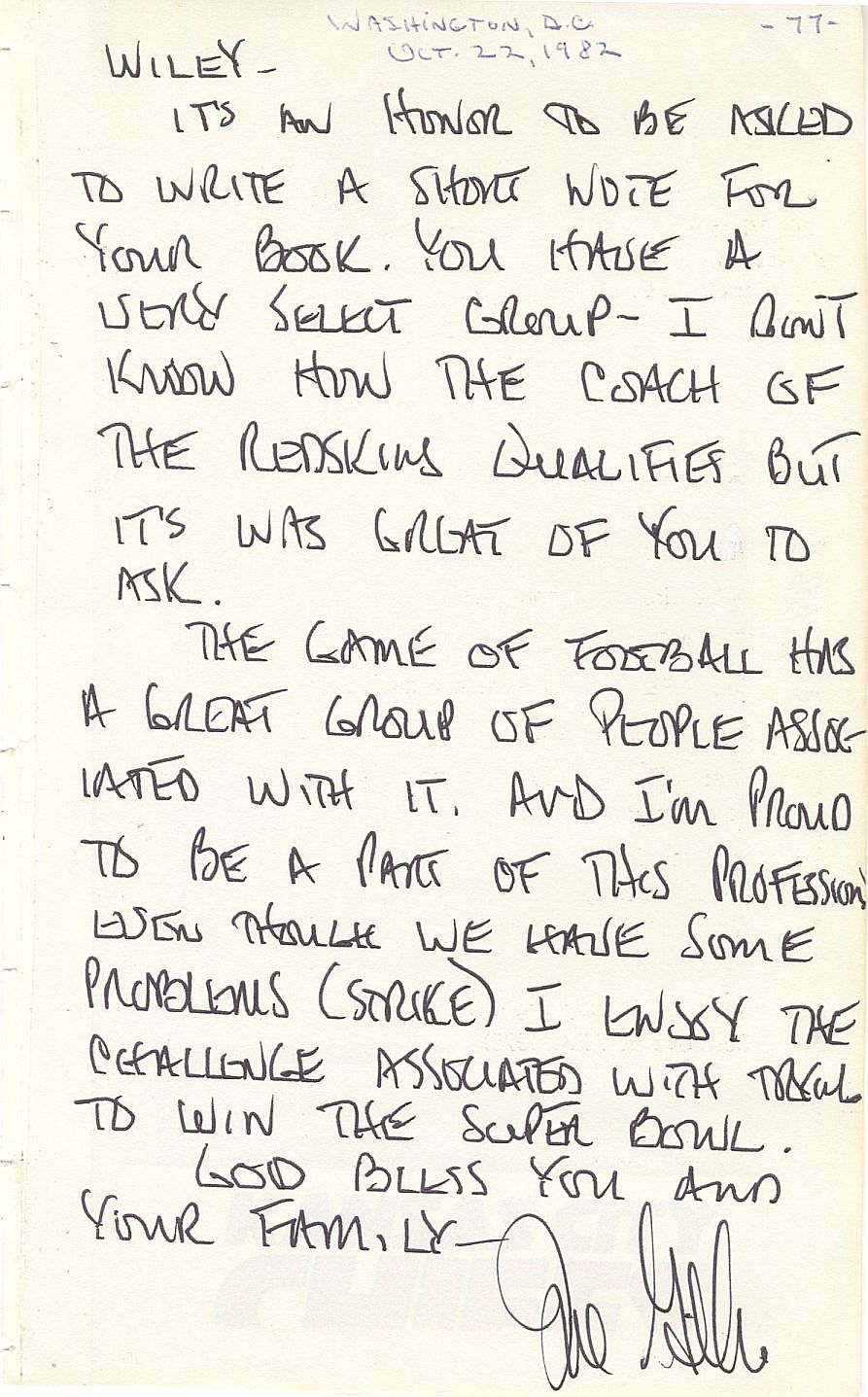 Joe Gibbs Washington Redskins Coach Pro Football HOF Signed AUTO Letter /w Great Content