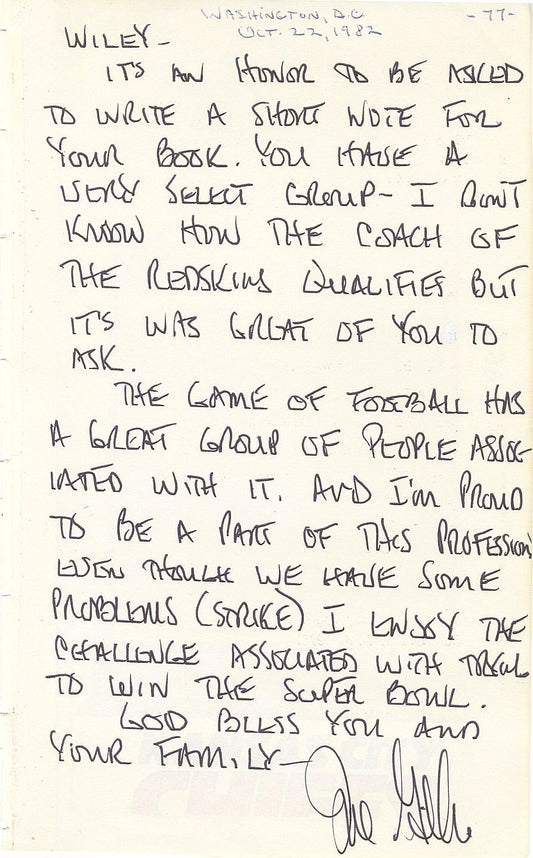 Joe Gibbs Washington Redskins Coach Pro Football HOF Signed AUTO Letter /w Great Content