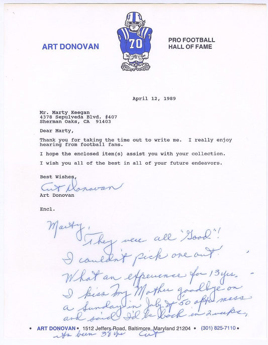 Art Donovan Signed AUTO typed/handwritten letter Baltimore Colts Pro Football HOF