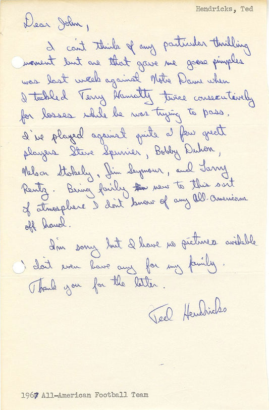 Ted Hendricks Signed AUTO handwritten letter Pre-Rookie Miami Hurricanes College & Pro Football HOF