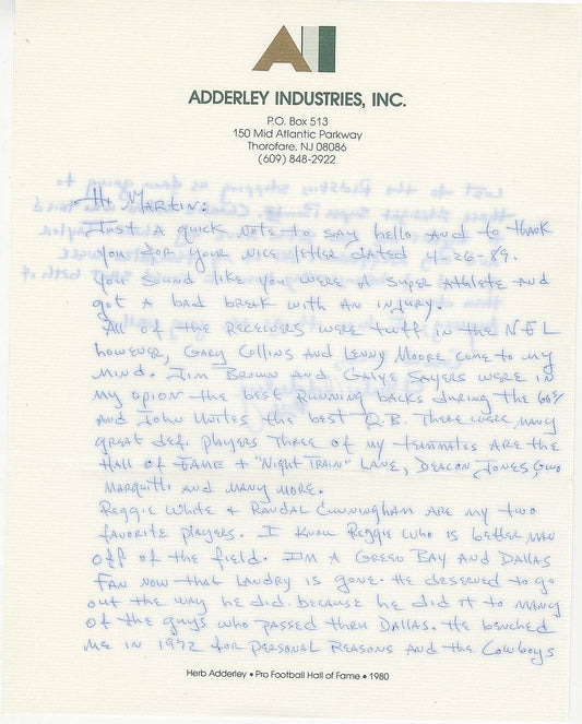 Herb Adderley Signed AUTO handwritten letter /w Incredible content Green Bay Packers Pro Football HOF