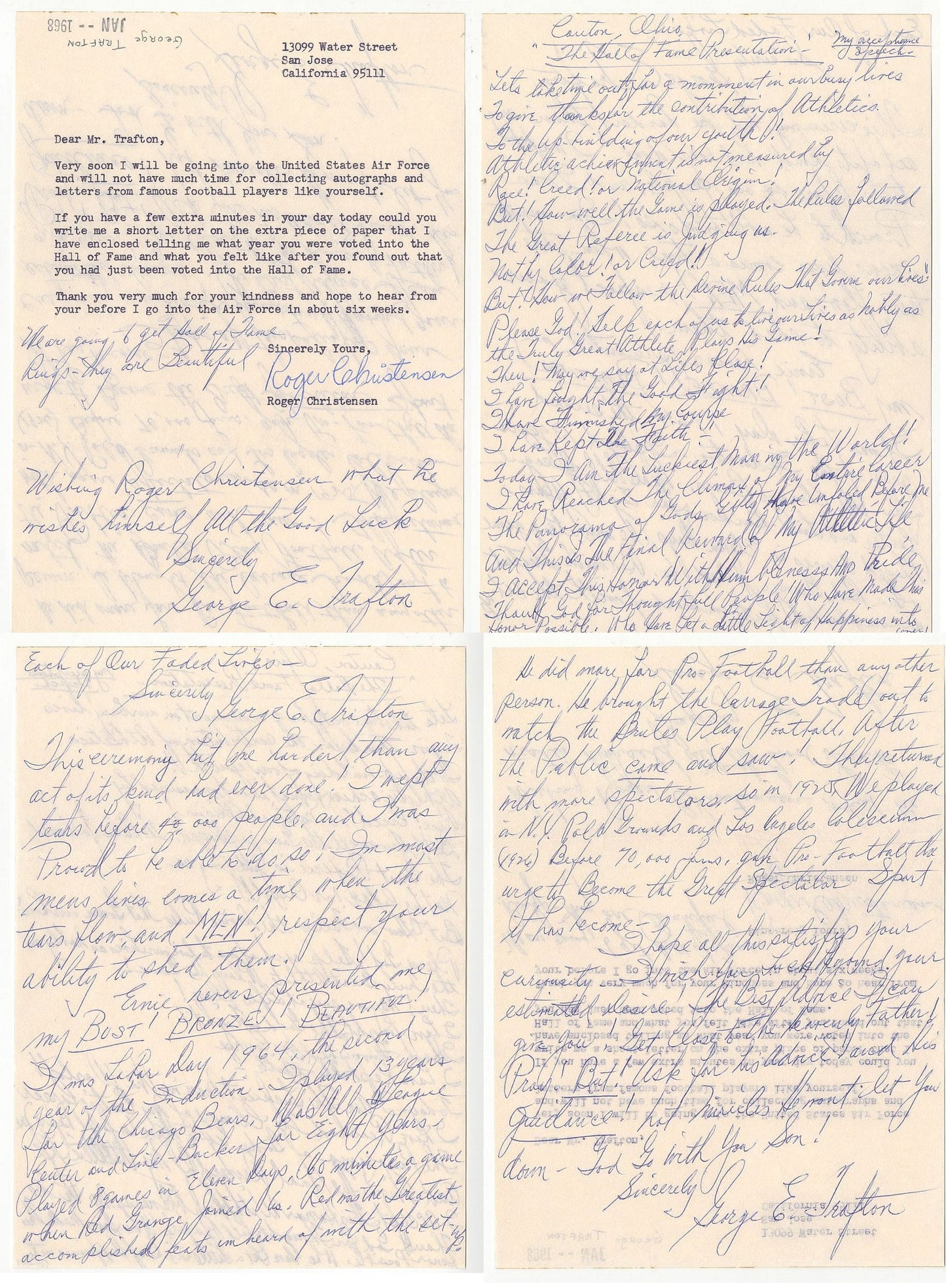George Trafton Chicago Bears Football HOF Signed AUTO 4 Page Handwritten Letter with Incredible Football Content D.1971