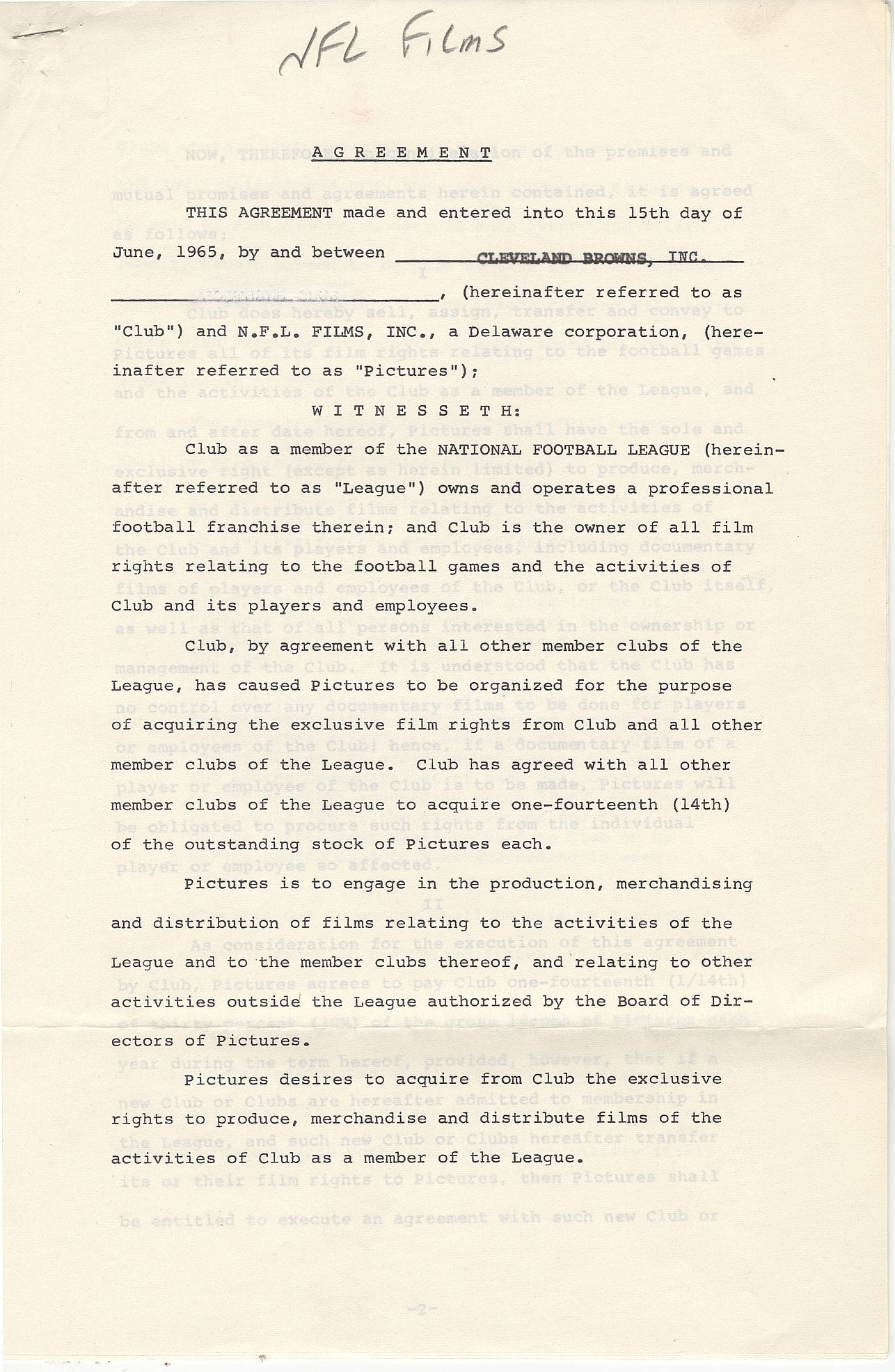 1965 Cleveland Browns & NFL Films Historic Document signed AUTO - Pete Rozelle, Art Modell, and Ed Sabol