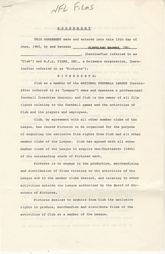 1965 Cleveland Browns & NFL Films Historic Document signed AUTO - Pete Rozelle, Art Modell, and Ed Sabol