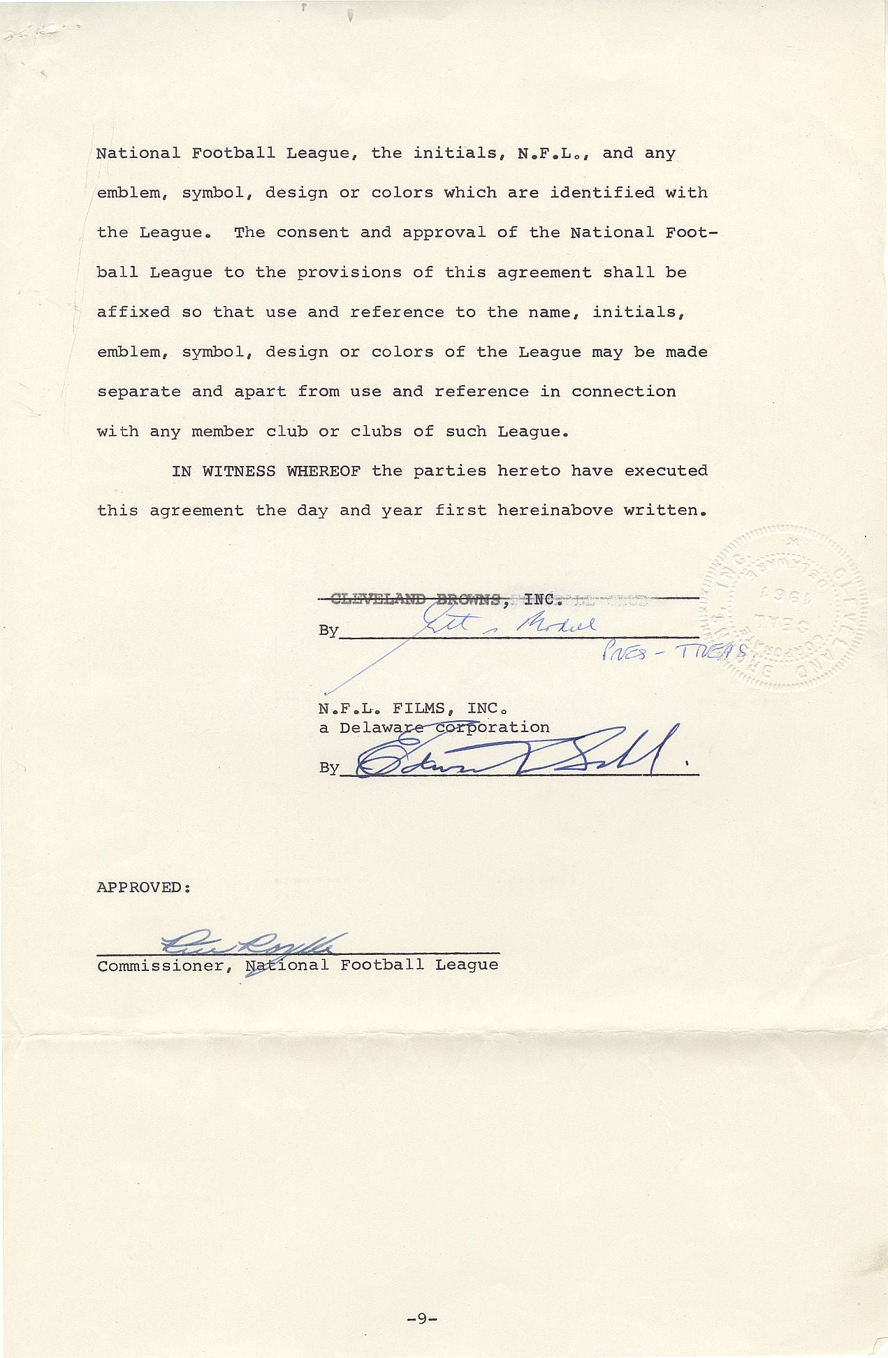 1965 Cleveland Browns & NFL Films Historic Document signed AUTO - Pete Rozelle, Art Modell, and Ed Sabol