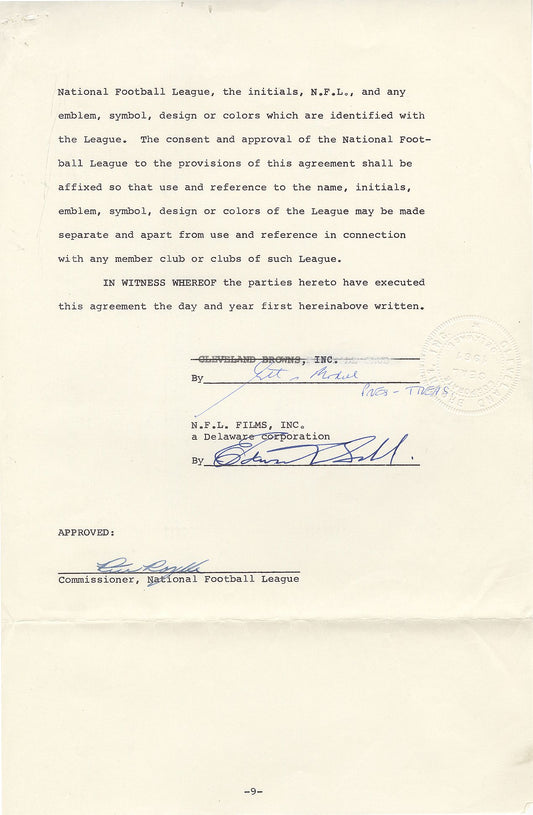 1965 Cleveland Browns & NFL Films Historic Document signed AUTO - Pete Rozelle, Art Modell, and Ed Sabol
