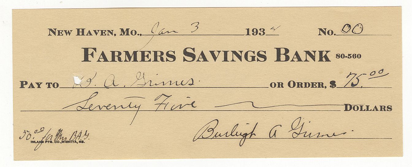 Burleigh Grimes Signed AUTO personal check Made Out to Himself from 1934 Baseball HOF