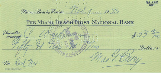 Max Carey Signed AUTO personal check Pittsburgh Pirates Brooklyn Dodgers Baseball HOF