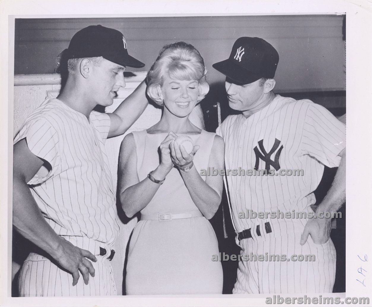 1961 Mickey Mantle & Roger Maris Behind the Scenes with Doris Day Original Vintage Hollywood Press Photo