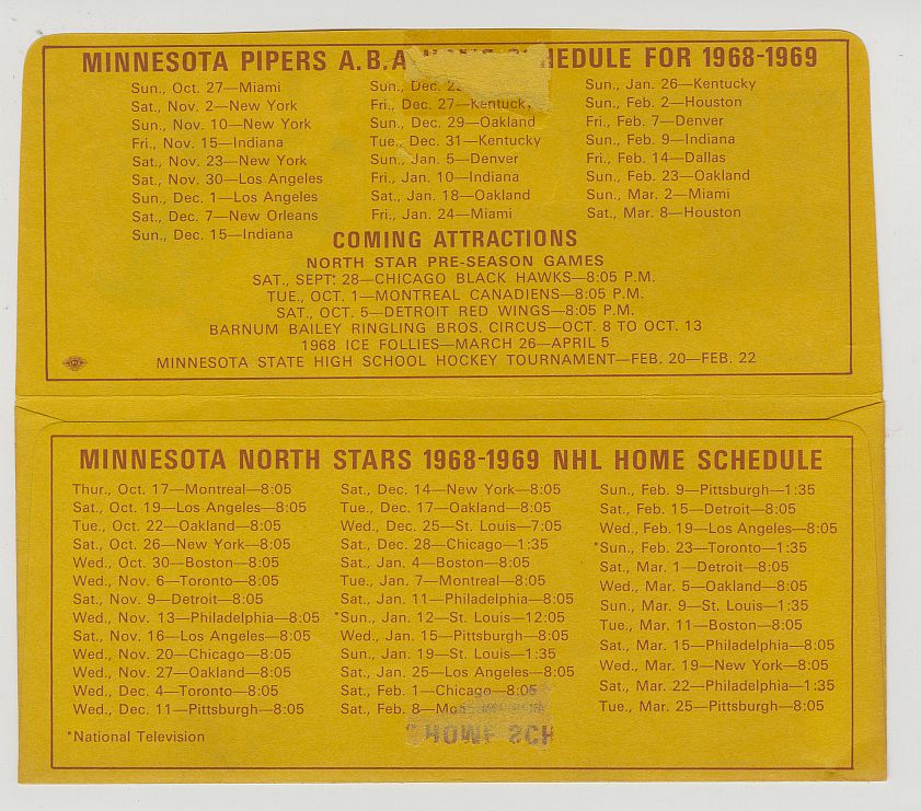 1968-69 Minnesota Pipers ABA North Stars NHL Ticket Envelope Schedule