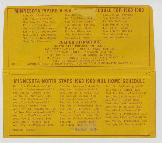 1968-69 Minnesota Pipers ABA North Stars NHL Ticket Envelope Schedule