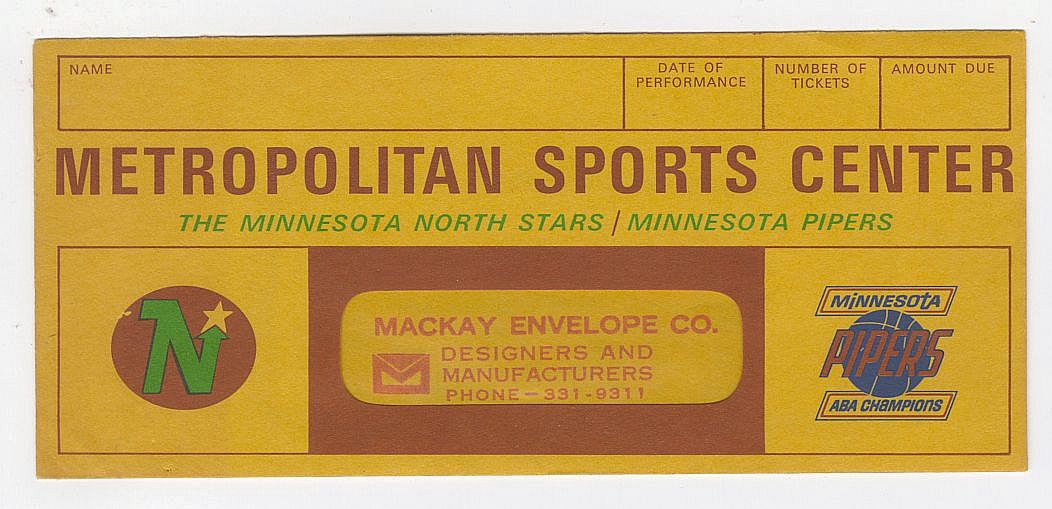 1968-69 Minnesota Pipers ABA North Stars NHL Ticket Envelope Schedule