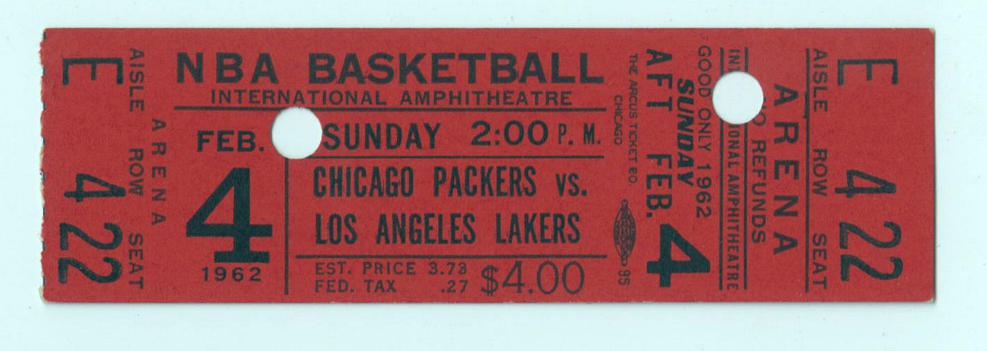 February 4, 1962 - Chicago Packers vs. Lakers FULL TICKET - Walt Bellamy 33 PTS