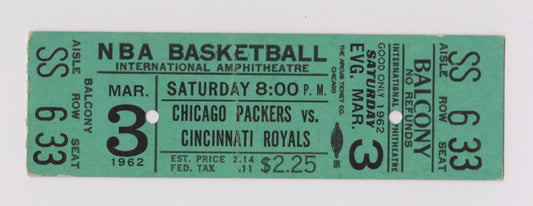 March 3, 1962 - Chicago Packers vs Cincinnati Royals FULL TICKET - Oscar Robertson Triple Double
