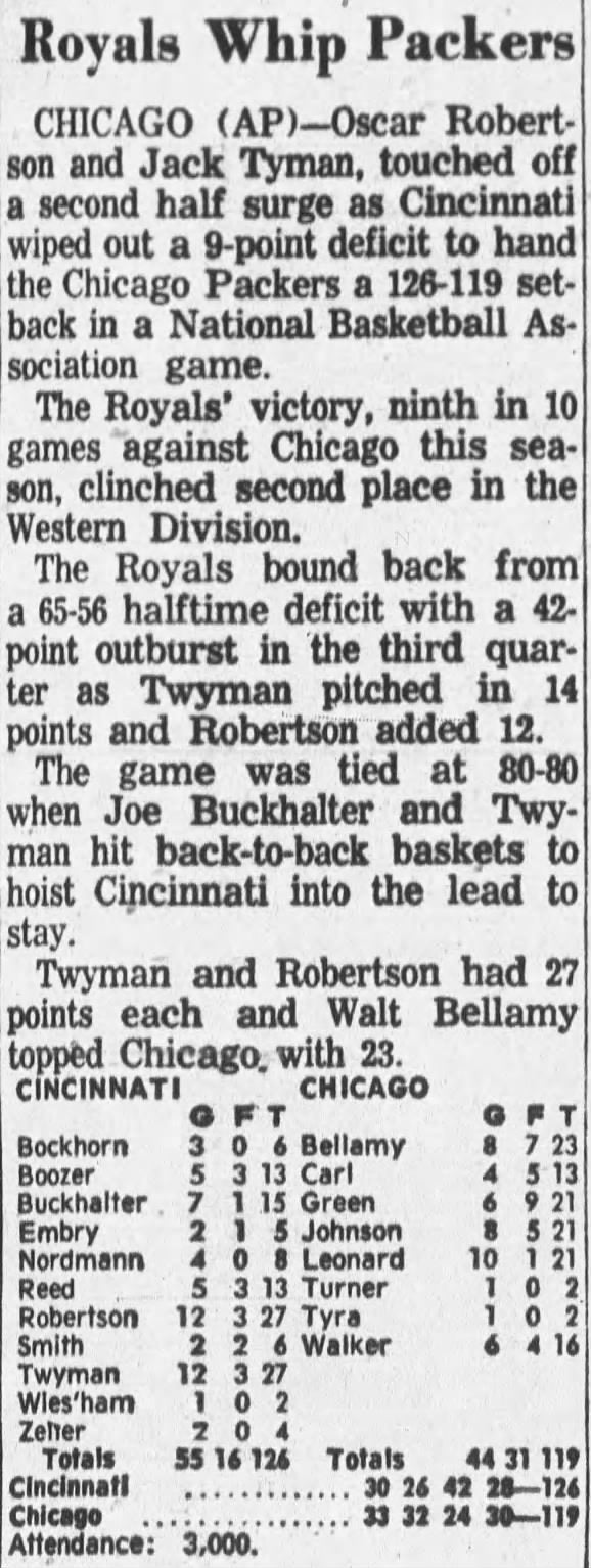 March 3, 1962 - Chicago Packers vs Cincinnati Royals FULL TICKET - Oscar Robertson Triple Double