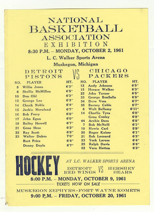 October 2, 1961 Detroit Pistons vs. Chicago Packers NBA Super Rare Handbill