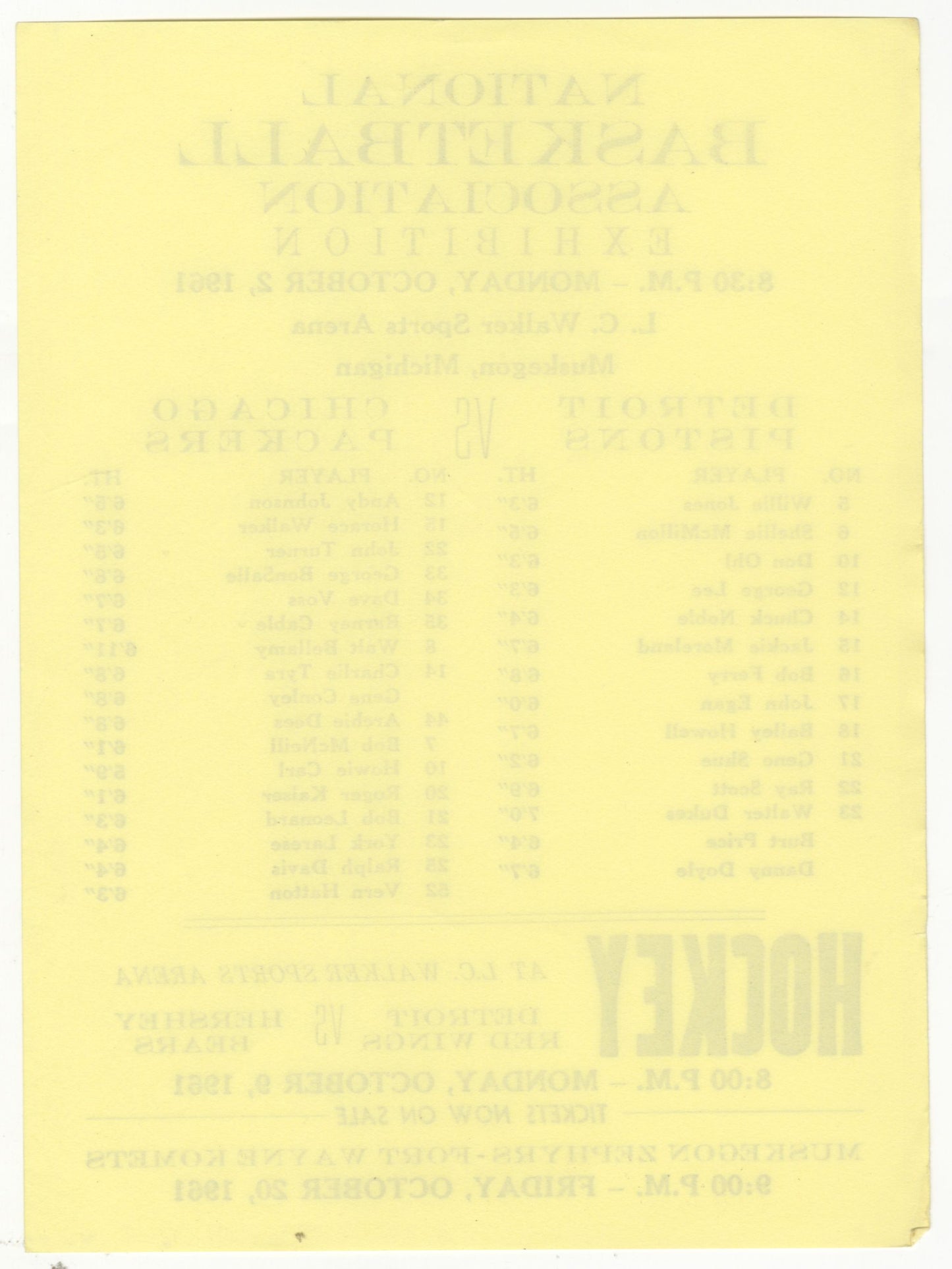 October 2, 1961 Detroit Pistons vs. Chicago Packers NBA Super Rare Handbill