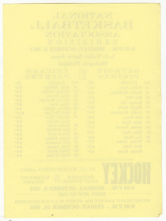 October 2, 1961 Detroit Pistons vs. Chicago Packers NBA Super Rare Handbill