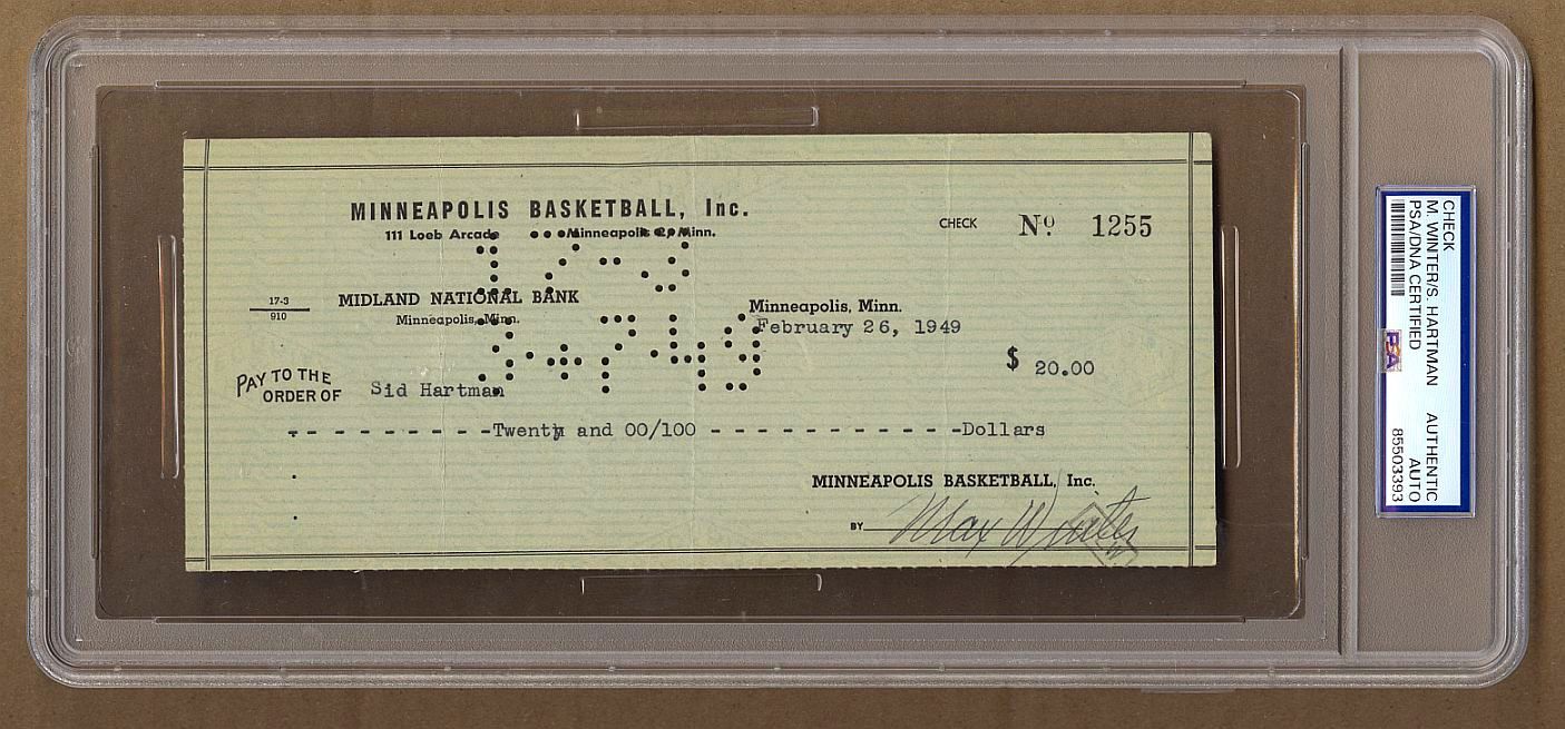 Max Winter Owner & Sid Hartman GM Minneapolis Lakers FIRST SEASON in NBA 1949 Signed AUTO payroll check PSA/DNA