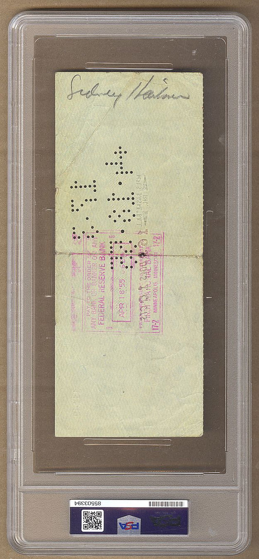 Ben Berger Owner & Sid Hartman GM Minneapolis Lakers 1955 Signed AUTO payroll check PSA/DNA
