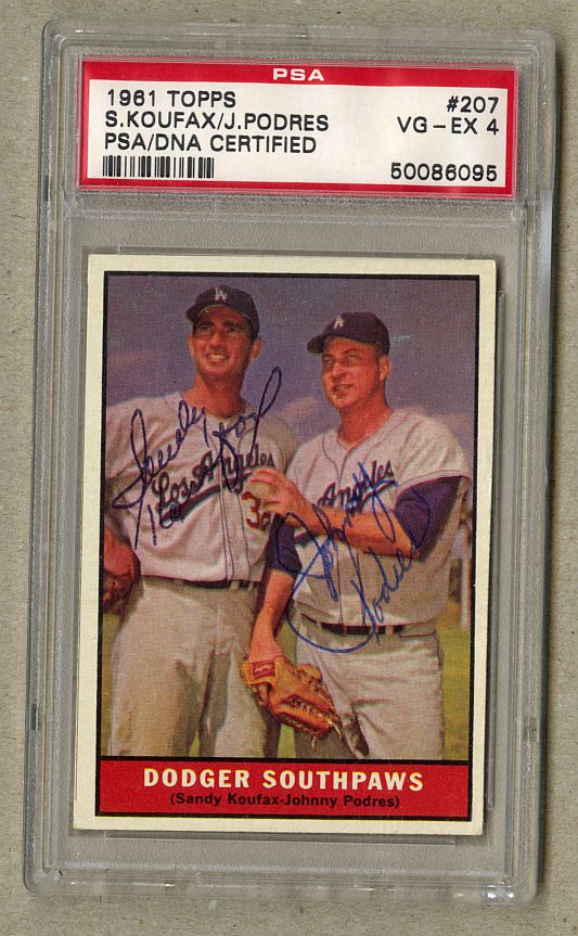 1961 Topps #207 Sandy Koufax & Johnny Podres Dodger Southpaws Signed AUTO baseball card PSA/DNA