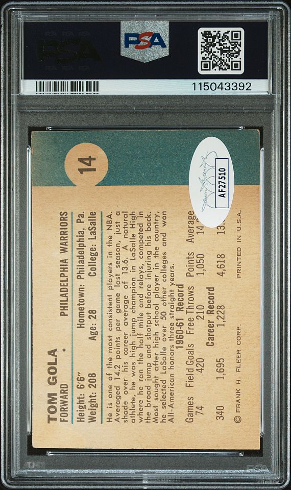 1961 Fleer #14 Tom Gola Signed AUTO baskeball card PSA Authentic AUTOGRADE 6