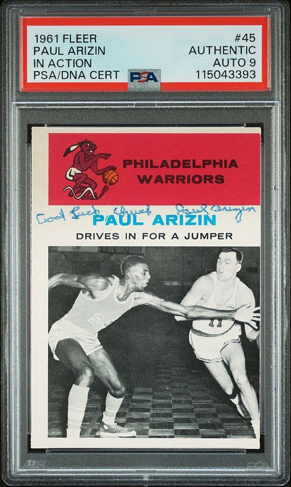 1961 Fleer #45 Paul Arizin IN ACTION Signed AUTO baskeball card PSA Authentic AUTOGRADE 9