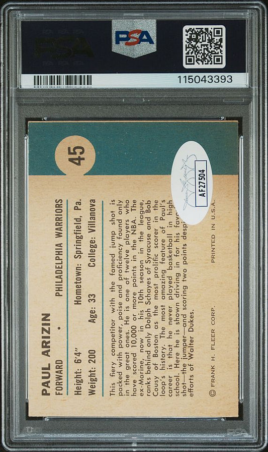 1961 Fleer #45 Paul Arizin IN ACTION Signed AUTO baskeball card PSA Authentic AUTOGRADE 9