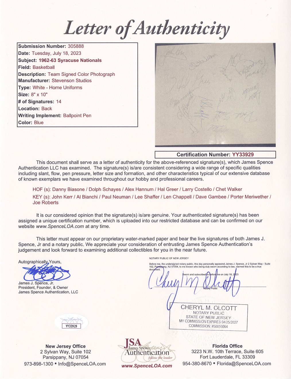 1962-63 Syracuse Nationals Team Signed Photo /w 14 Autographs - Last Year in Syracuse w/ Danny Biasone JSA LOA