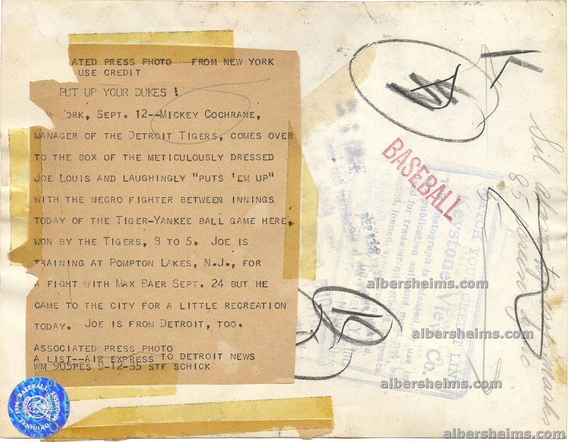 1935 Mickey Cochrane "Boxes" The Brown Bomber - Joe Louis Original TYPE I Photo