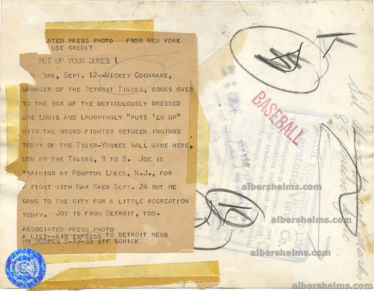 1935 Mickey Cochrane "Boxes" The Brown Bomber - Joe Louis Original TYPE I Photo