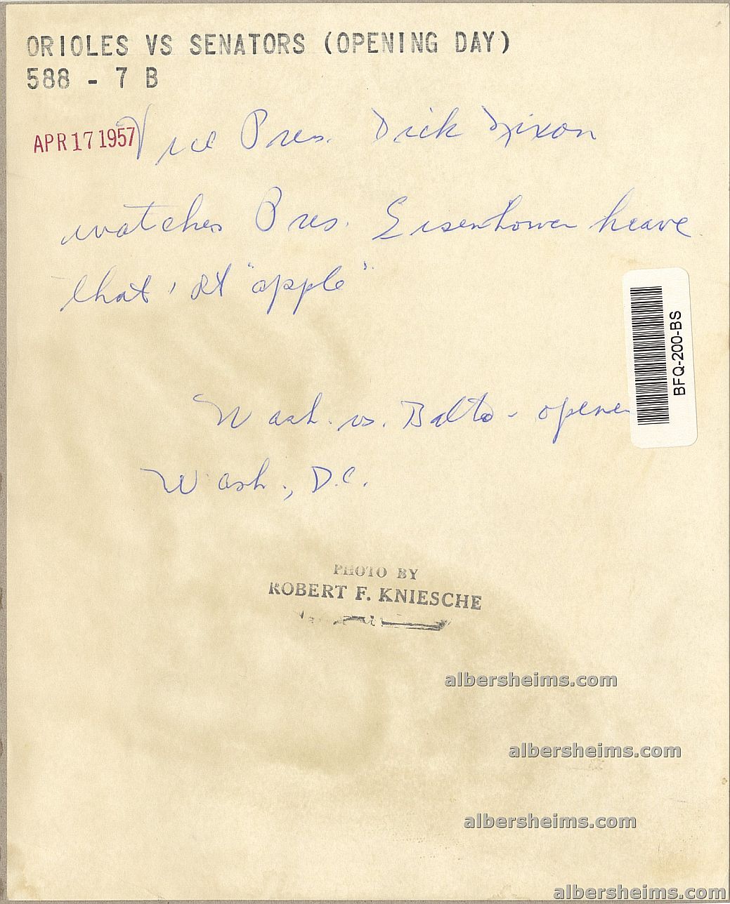 1957 Washington Senators Opening Day - President Eisenhower Throws Out First Pitch Original TYPE I Photo