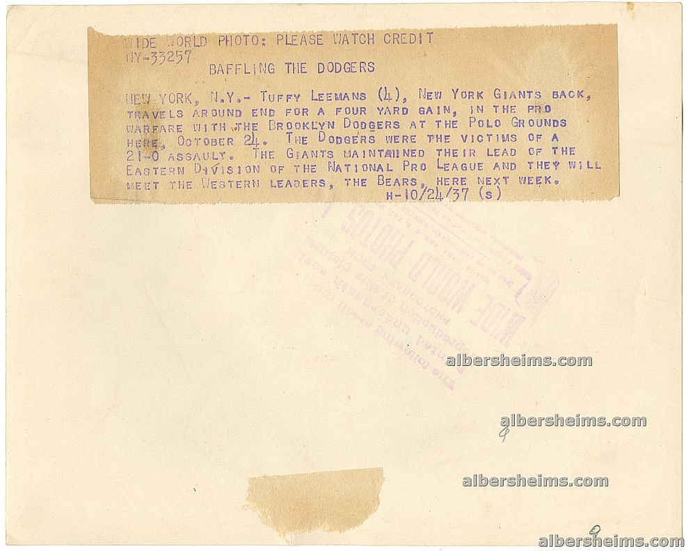 1937 Future Pro Football HOFer - Tuffy Leemans of the NY Giants Runs Through the NFL's Brooklyn Dodgers Original TYPE I Photo