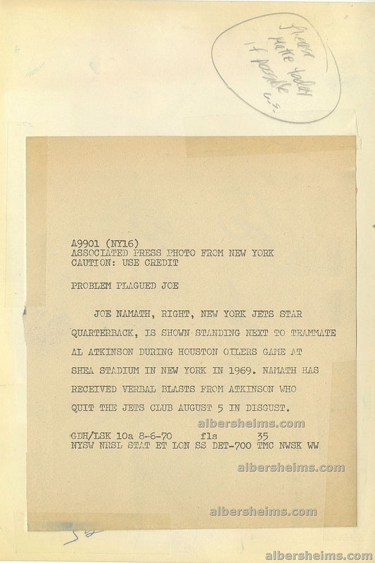 1970 Trouble in Paradise for New York Jets Teammates - Joe Namath & Al Atkinson Original TYPE I Photo