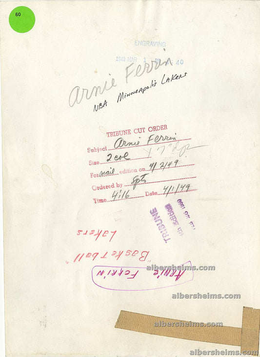 1949 Rookie Minneapolis Lakers Basketball Star Arnie Ferrin Original Type I photo