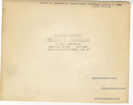 Early 1950s New York Knicks vs Minneapolis Lakers HOFers Jim Pollard Harry Gallatin Action Play Original TYPE I Photo by William Jacobellis