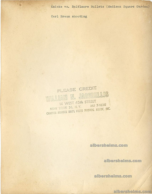 1952 New York Knicks Carl Braun Shoots vs Baltimore Bullets Davage Minor Sweetwater Clifton Original TYPE I Photo by William Jacobellis