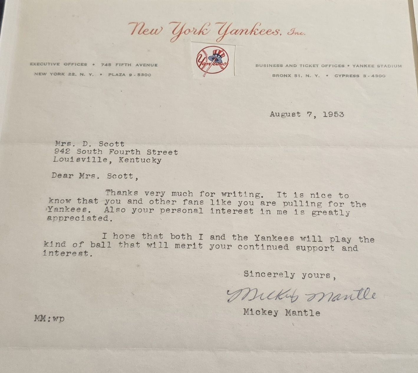 Mickey Mantle Typed Letter Signed AUTO from 1953 on Yankees Letterhead PSA/DNA LOA