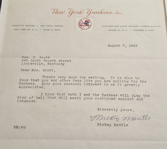 Mickey Mantle Typed Letter Signed AUTO from 1953 on Yankees Letterhead PSA/DNA LOA